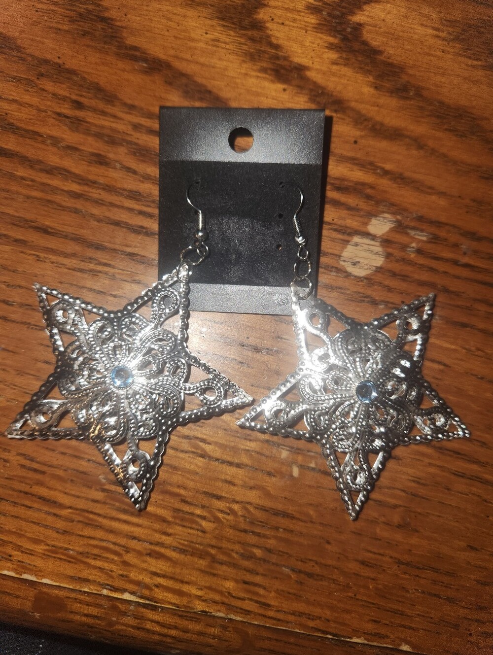 Silver Filigree Star Drop Earrings with Blue Accent - Unbranded